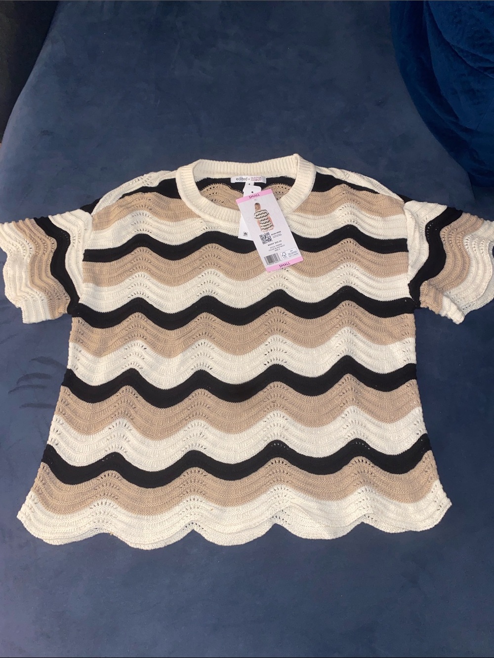 Crochet top Short Sleeve Top - Beige/Black/Cream